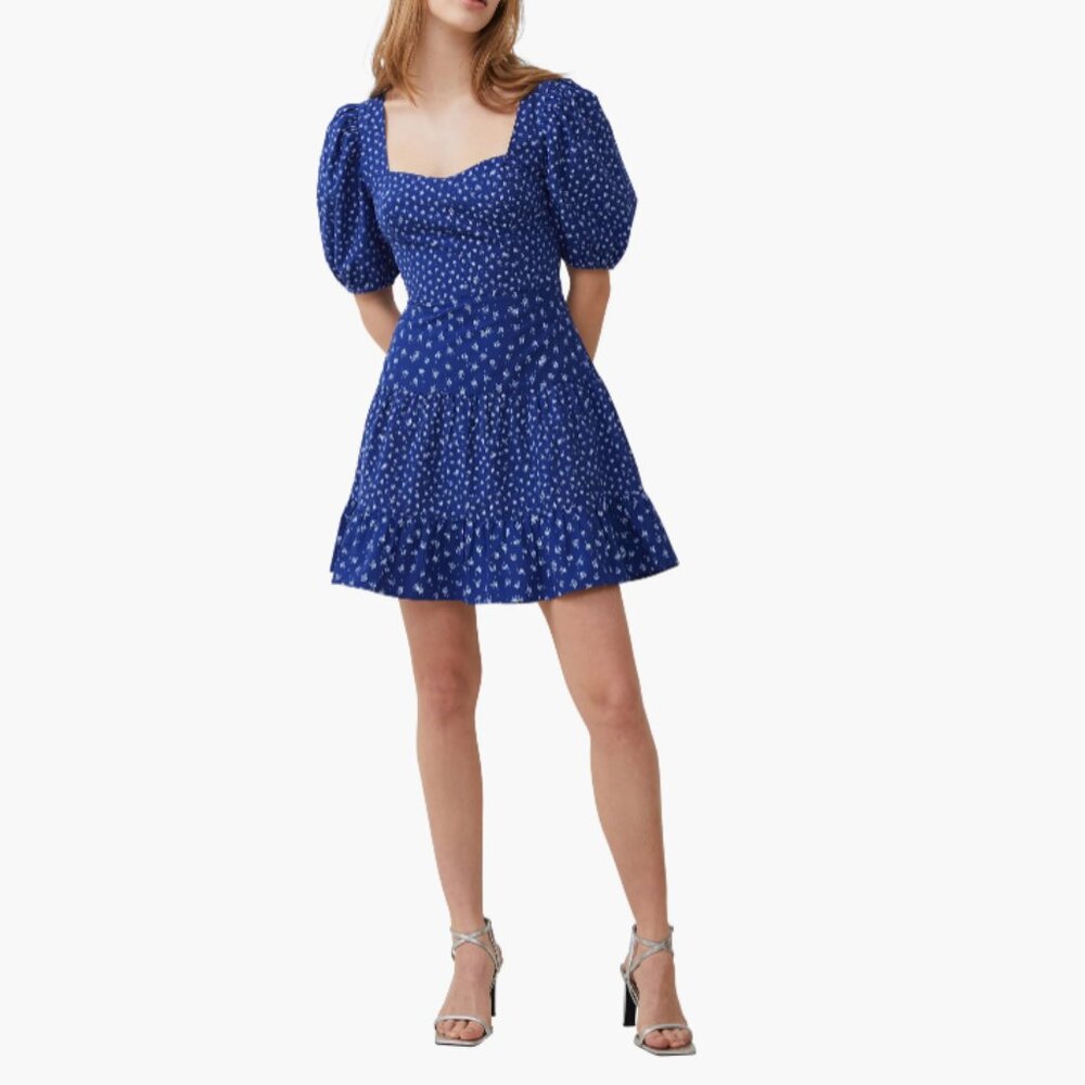 French Connection - Print Puff Sleeve Minidress Cobalt Sz 8 NWT